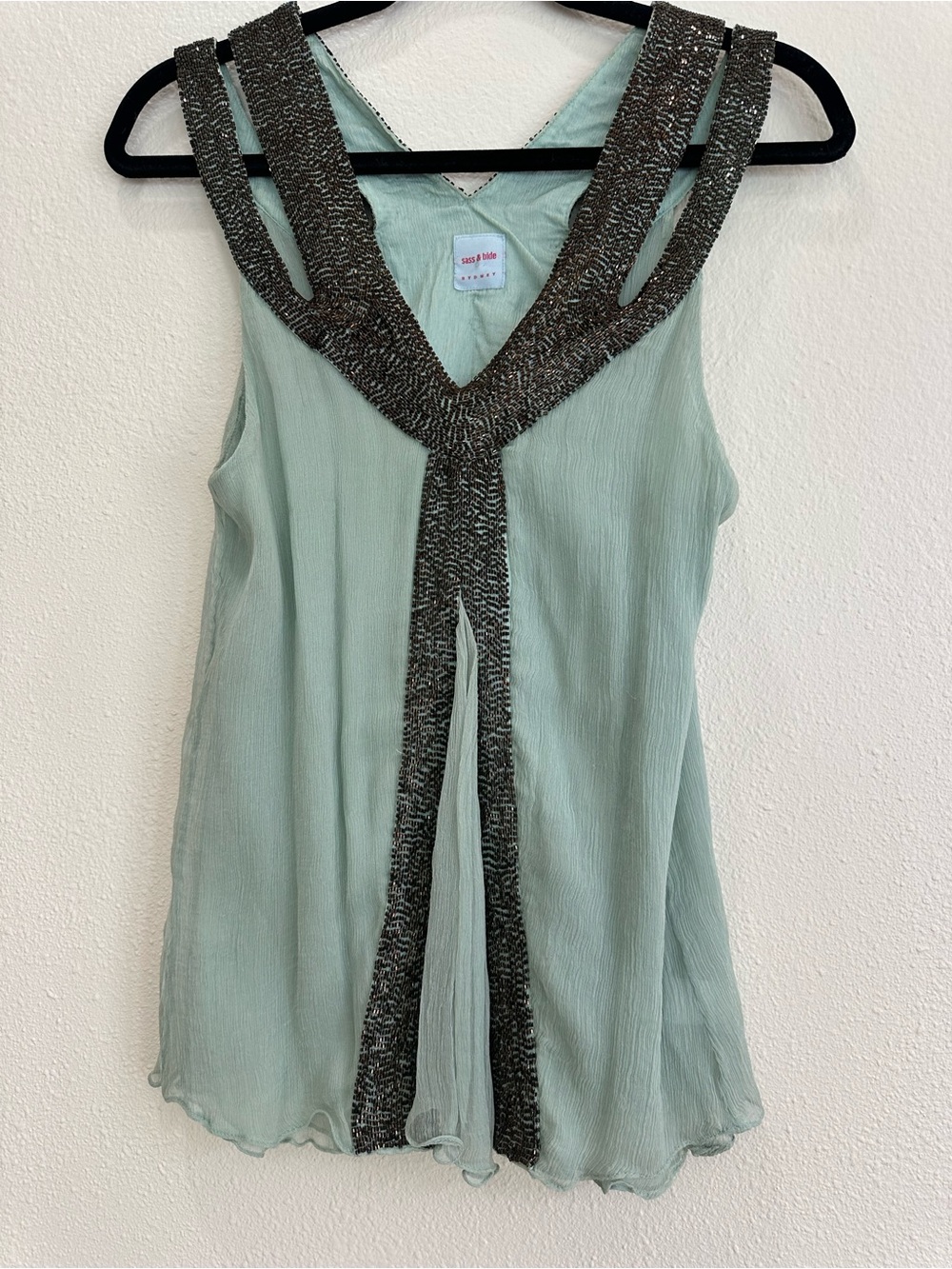 Sass & Bide Mint Green Silk and Bronze Metallic Beaded V-Neck Top Size 6